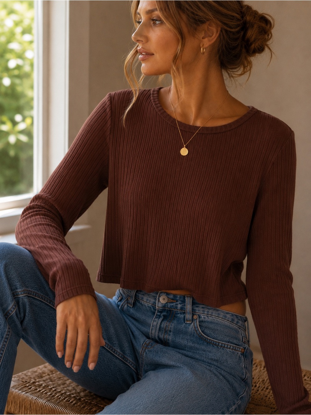 Reformation Ribbed Long-Sleeve Crop Top - Chestnut Brown